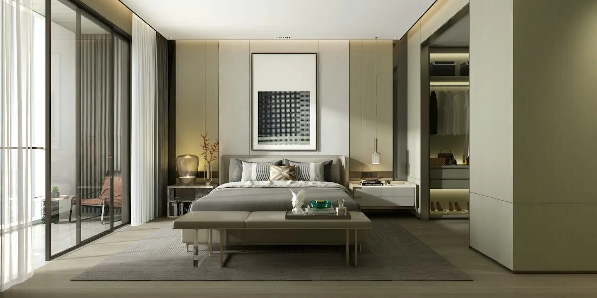 Warm contemporary living room with natural wood and neutral upholstery