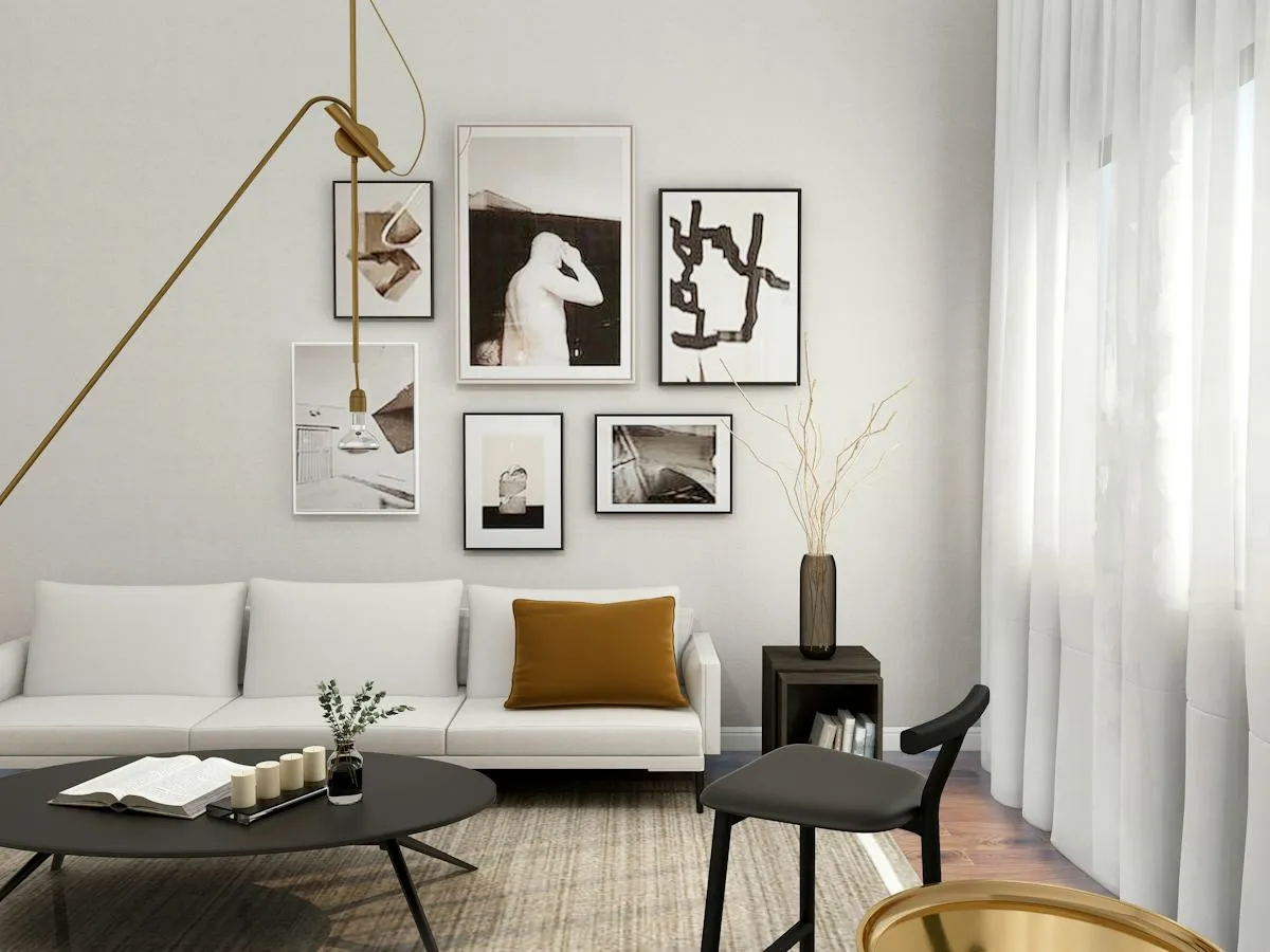 Minimal residential lounge with balanced textures and soft daylight