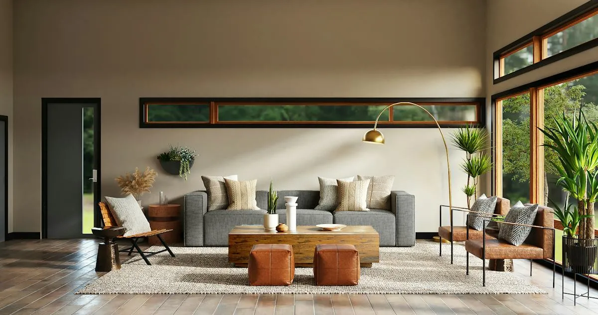 Refined living area with stone, wood, and upholstered details