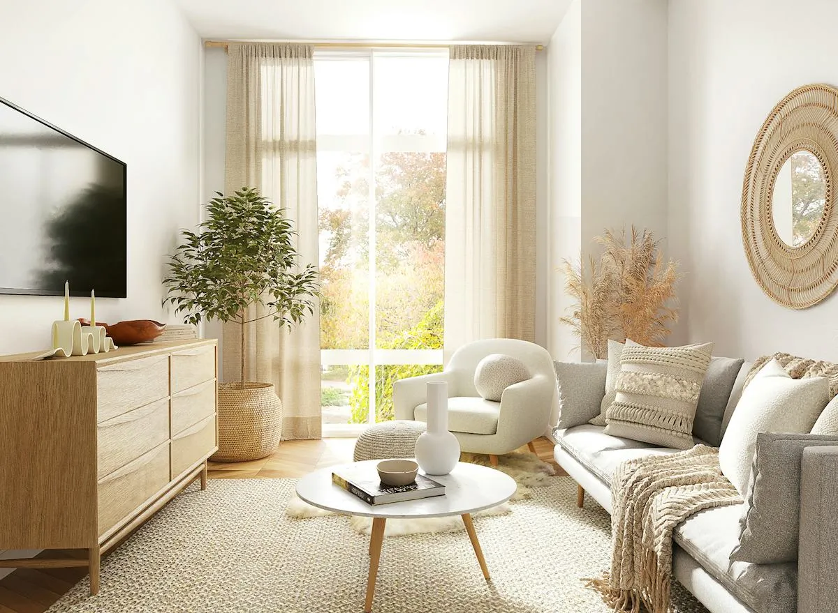 Bright residential interior with sculptural furniture and natural textures